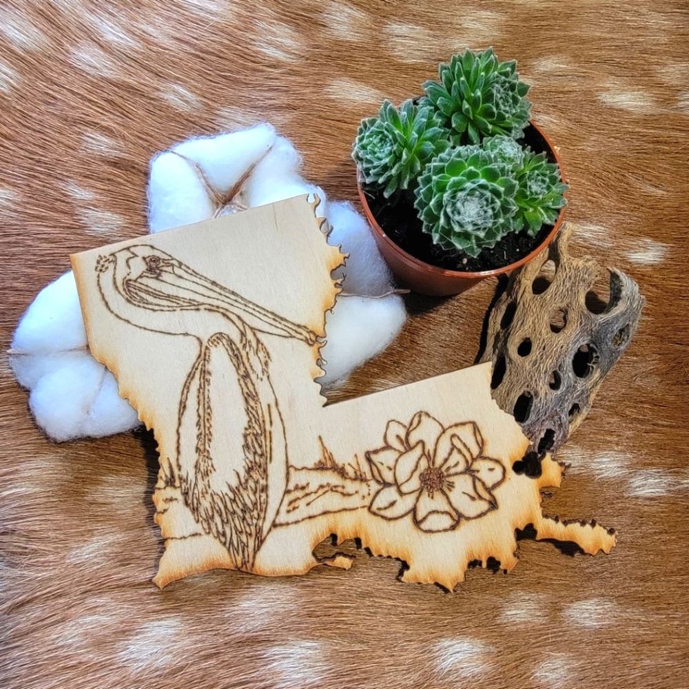 Woodburnt LA Pelican Magnet